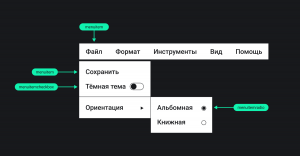 Схема со всеми типами пунктов строки меню и подменю.